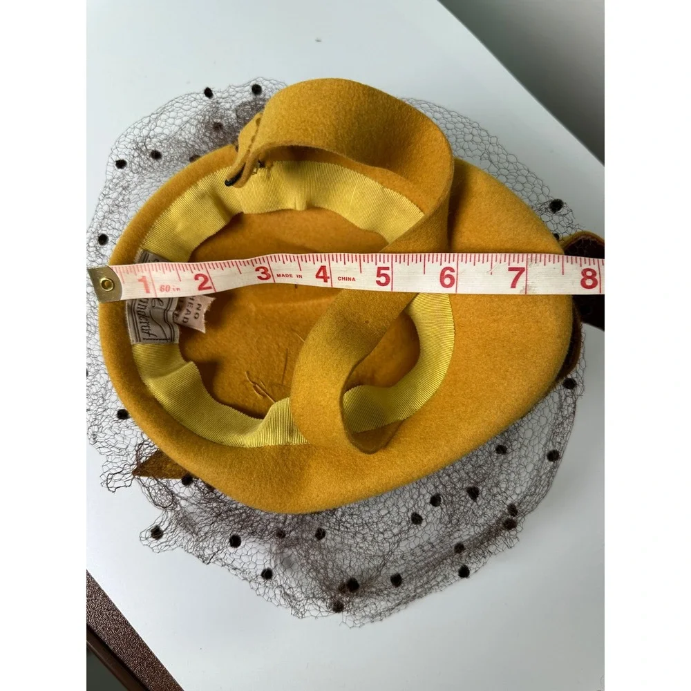 Vintage 1940s Tilt Hat Mustard Yellow Felt Brown Velvet Leaves Eagle Handcraft